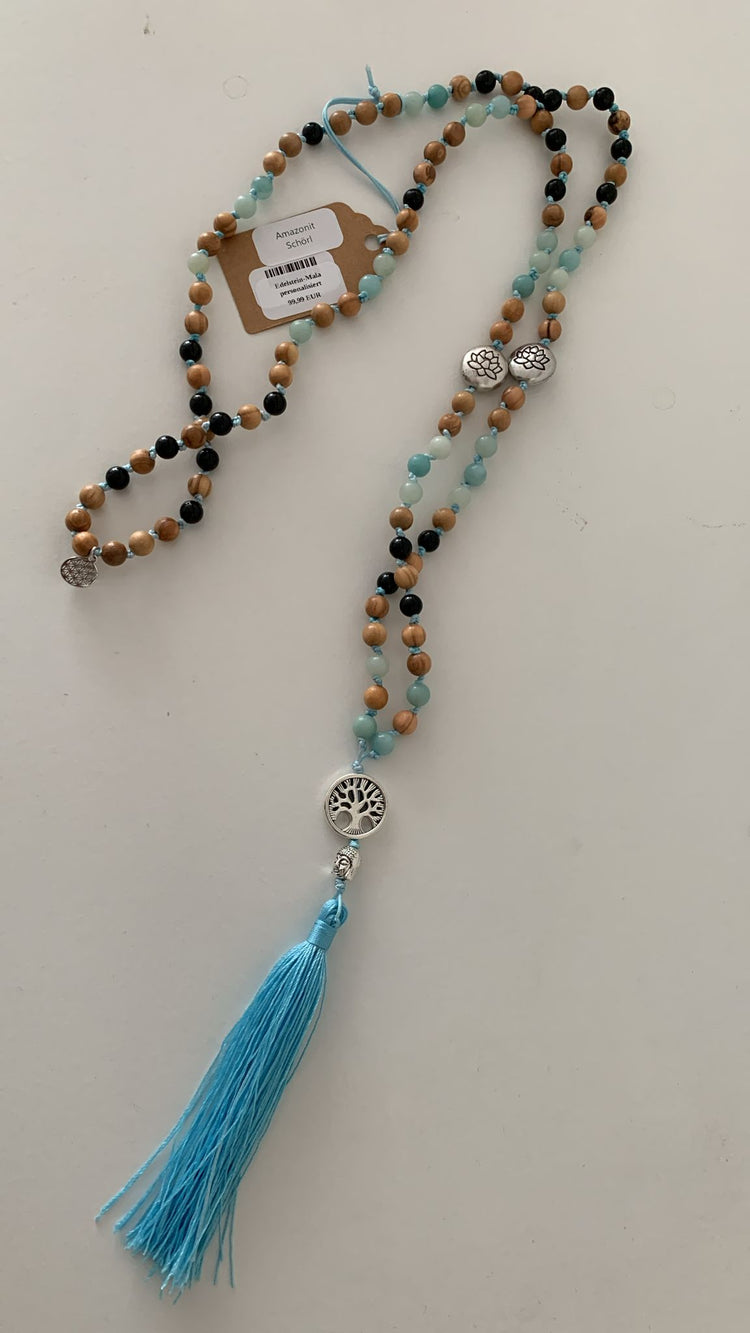 108-bead mala made of amazonite, schorl, and olive wood – handmade prayer beads for protection, serenity, and grounding