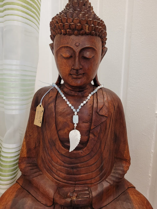 108 pearls Mala made of mother-of-pearl, Angel Aura and Aquamarin-handmade prayer chain for lightness, protection and heart connection