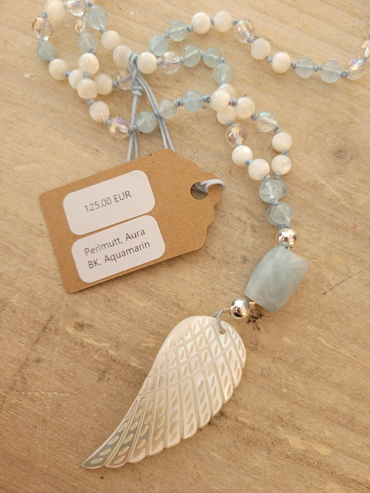 108 pearls Mala made of mother-of-pearl, Angel Aura and Aquamarin-handmade prayer chain for lightness, protection and heart connection