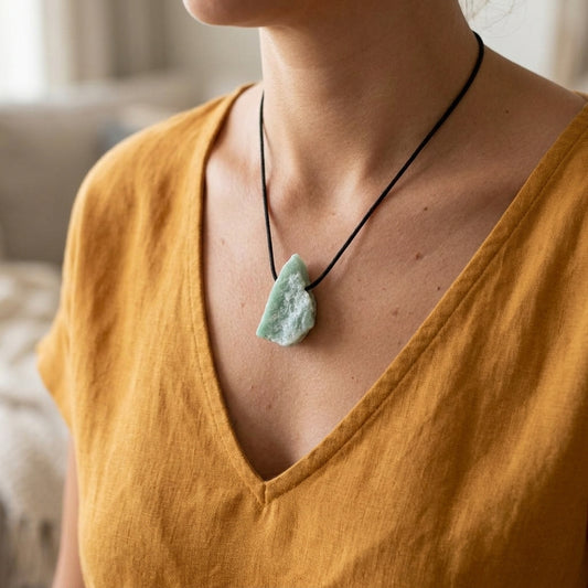 Aventurin Rohsteinanhänger an ockergelber Leinenbluse – Tragebild