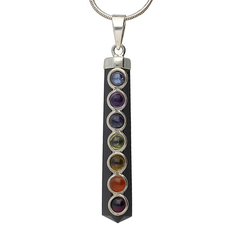 Black tourmaline (schorl) rod | Pendant with 7 chakra cabochons | 925 silver