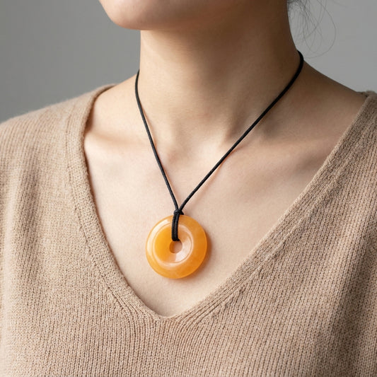 Orangencalcit Donut | 40 mm Anhänger + Baumwollband — Lifestyle-Tragebild