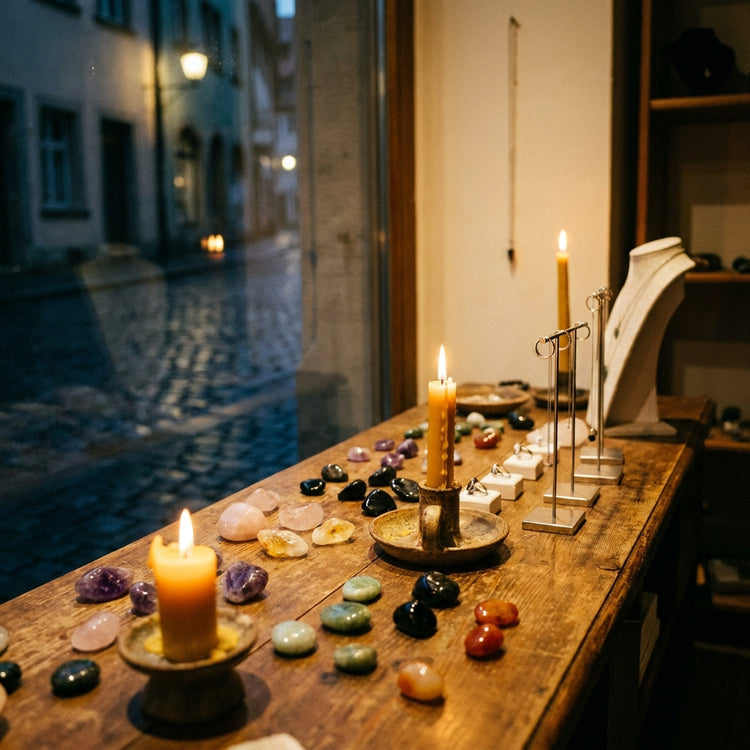Privat Shopping - Edelsteine und Schmuck auf Holztresen im Kerzenlicht