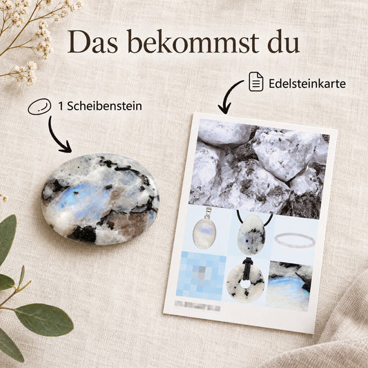 Regenbogen-Mondstein Scheibenstein | Handschmeichler Taschenstein – Lieferumfang