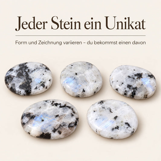 Regenbogen-Mondstein Scheibenstein | Handschmeichler Taschenstein – jeder Stein ein Unikat