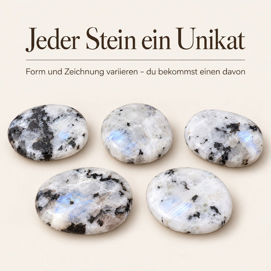 Regenbogen-Mondstein Scheibenstein | Handschmeichler Taschenstein – jeder Stein ein Unikat