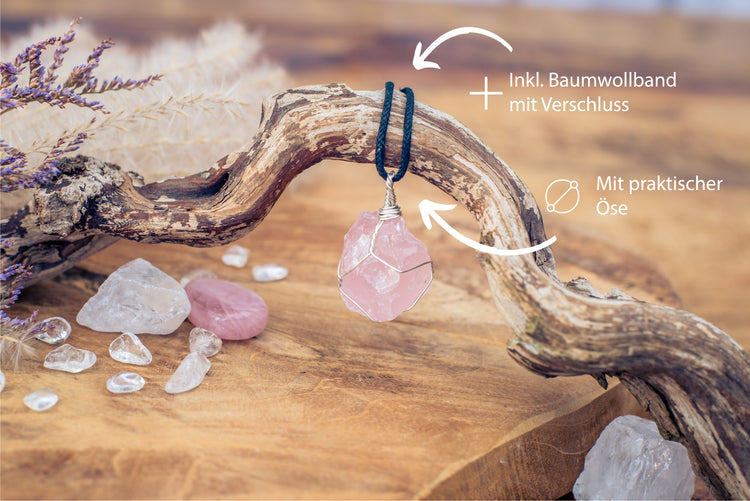 Rose quartz, set raw stone pendant