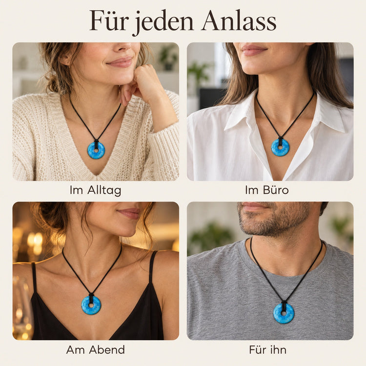 Türkis (rekonstruiert) Donut | 30 mm Anhänger + Baumwollband – getragen – für jeden Anlass
