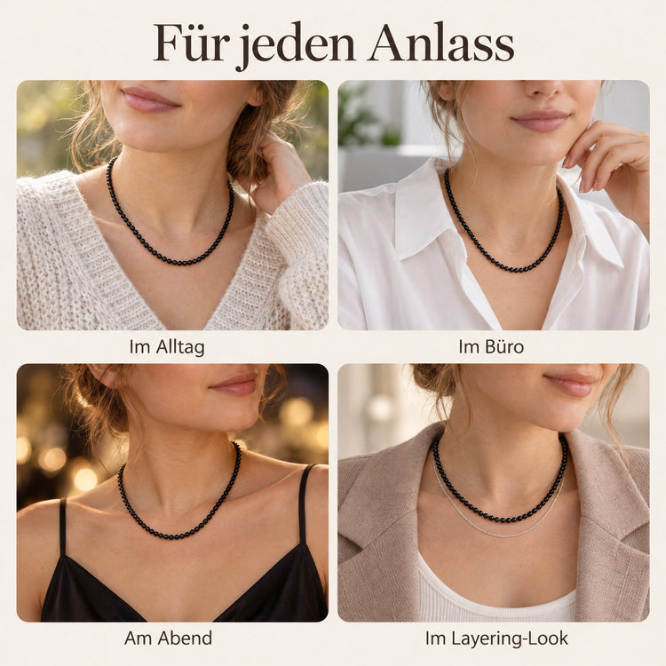 Turmalin, schwarz (Schörl) Kugelkette | Ø 4mm mit 925er Silber Verschluss | 45cm – getragen – für jeden Anlass