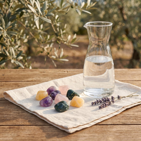 Wassersteine „Erholsamer Schlaf" Mischung | Orangencalcit + Rosenquarz + Heliotrop + Amethyst — Tragebild