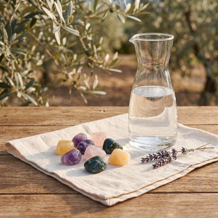 Wassersteine „Erholsamer Schlaf" Mischung | Orangencalcit + Rosenquarz + Heliotrop + Amethyst — Tragebild