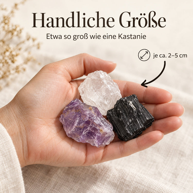 Wassersteine „Schutz" Mischung | Schörl + Amethyst + Bergkristall – Größe in der Hand