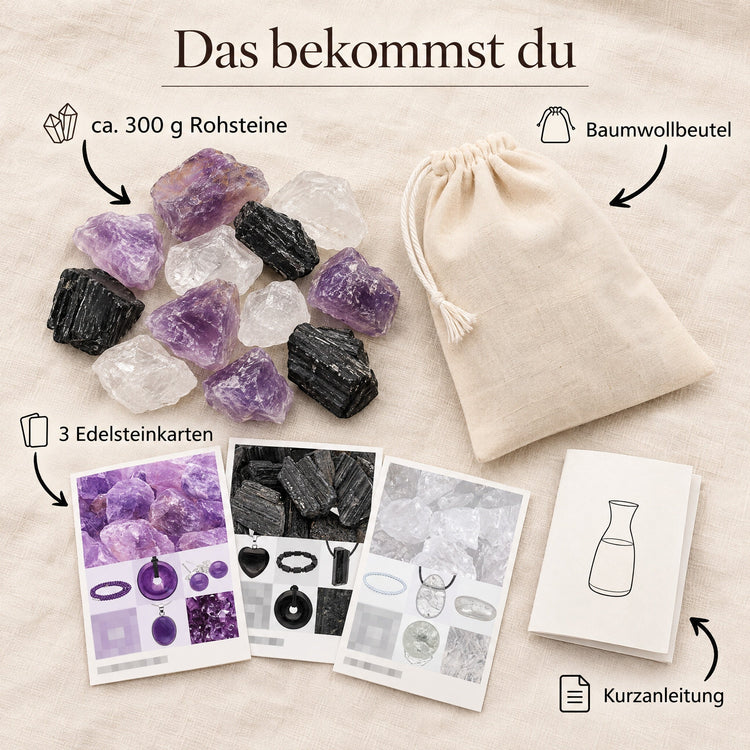 Wassersteine „Schutz" Mischung | Schörl + Amethyst + Bergkristall – Lieferumfang