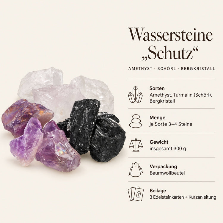 Wassersteine „Schutz" Mischung | Schörl + Amethyst + Bergkristall – Steckbrief