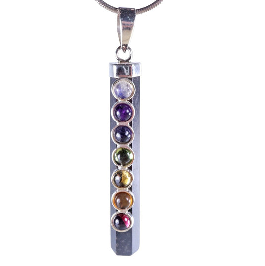 Black tourmaline (schorl) rod | Pendant with 7 chakra cabochons | 925 silver