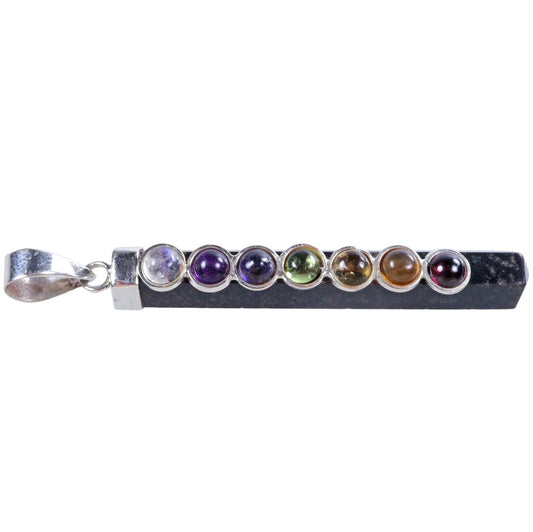 Black tourmaline (schorl) rod | Pendant with 7 chakra cabochons | 925 silver